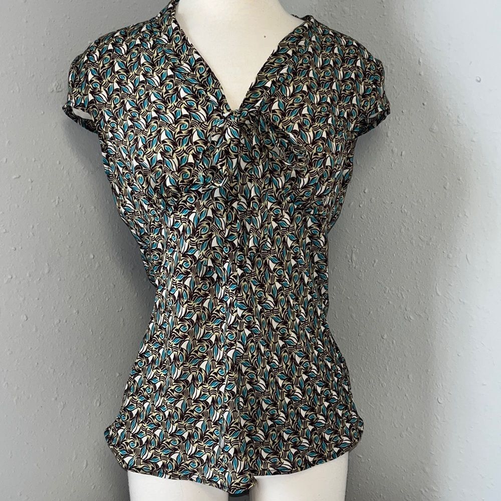 Vintage A.Byer Patterned Bow Front Top Size Large Bow tie Neckline Detail
